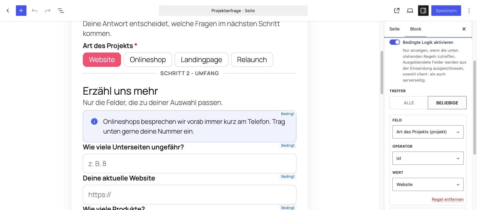 WordPress-Block-Editor mit der Projektanfrage: Felder sind mit „Bedingt“ markiert, rechts in der Seitenleiste die Regel „Art des Projekts ist Website“.
